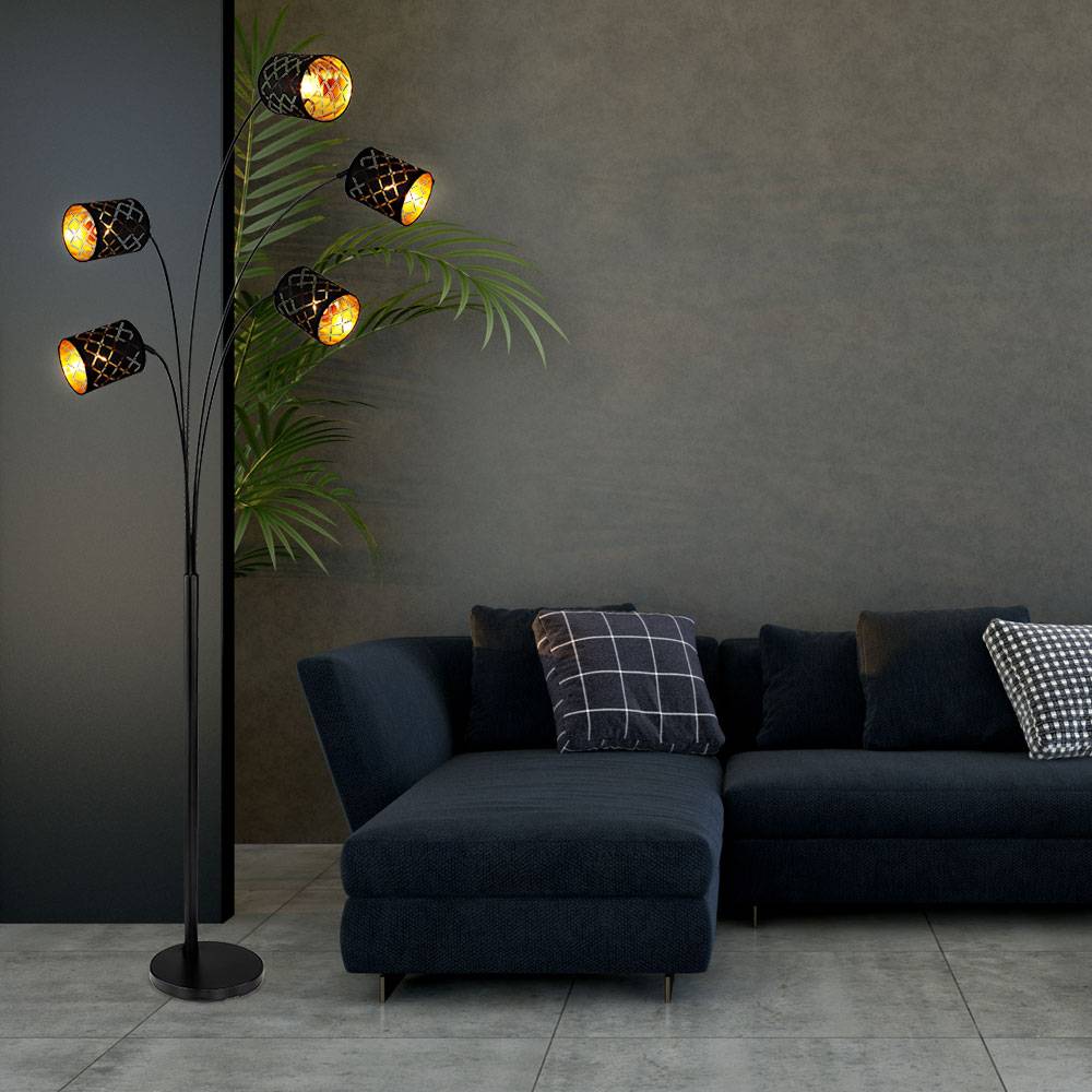 Standleuchte Stehlampe Schlafzimmerleuchte 5-flammig, Textilschirme schwarz vergoldet, Dekorstanzungen, Metall Stoff, 5x E14, LxBxH 85x130x204 cm