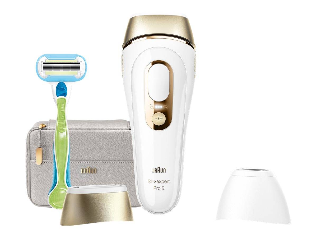 Braun Silk-expert Pro 5 IPL-Haarentfernungsgerät mit Rasierapparat, Aufbewahrungskoffer und Aufsätzen auf weißem Hintergrund.