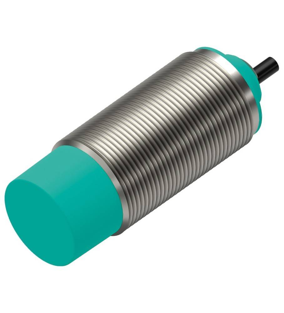 Ein zylindrischer, metallischer induktiver Sensor mit grünem Ende und gerillter Oberfläche, der zur kontaktlosen Erkennung von Metallobjekten verwendet wird.