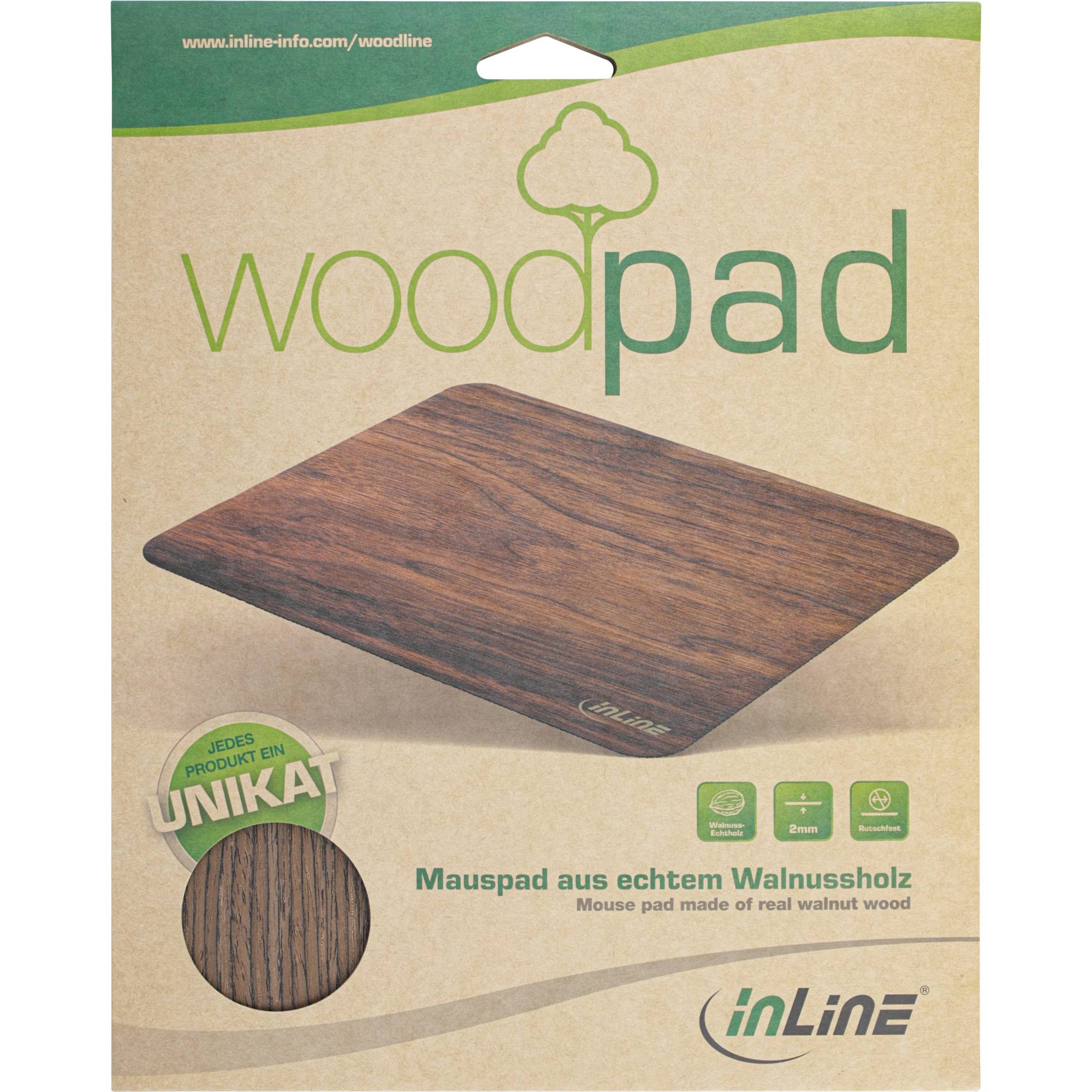 InLine® WoodPad, Echtholz Mauspad, 240x200mm, Walnuss