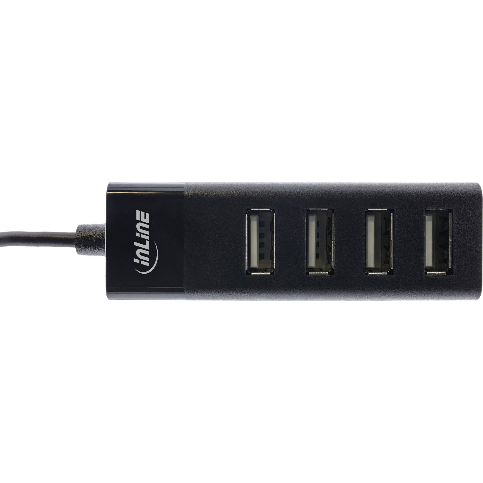 INLINE - USB 2.0 Hub - 4 Port - schwarz - mit USB DC Kabel - Kabel 30cm - schmal