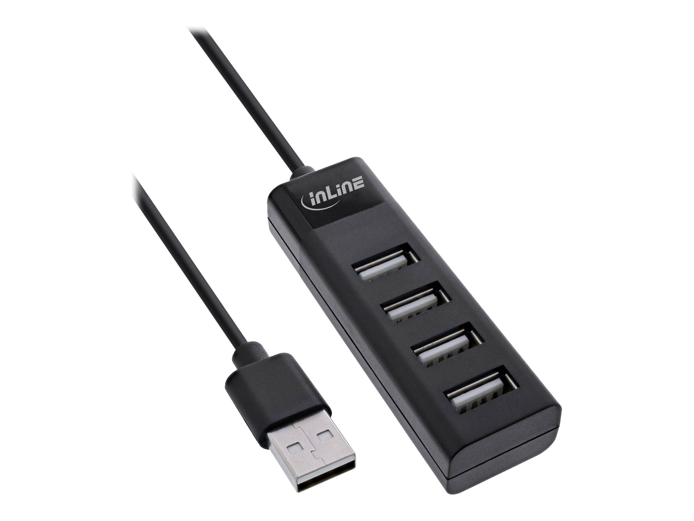 INLINE - USB 2.0 Hub - 4 Port - schwarz - mit USB DC Kabel - Kabel 30cm - schmal
