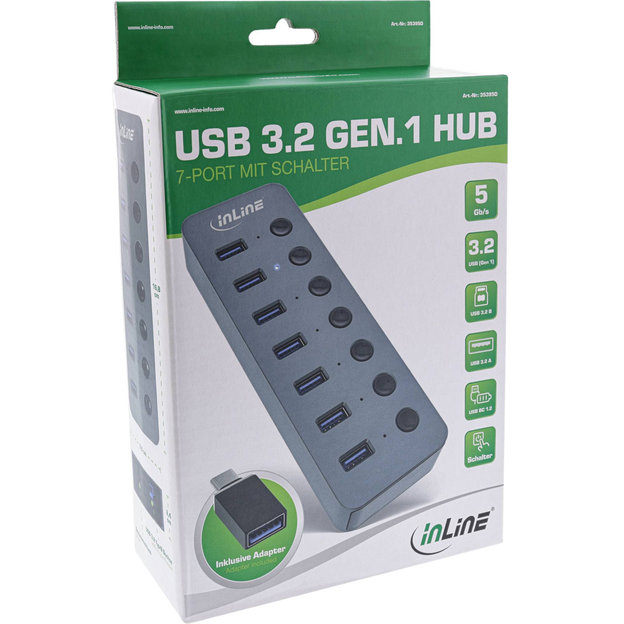 InLine® USB 3.2 Gen.1, 7-Port, mit Schalter, Aluminium, grau, mit Netzteil