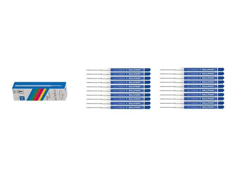 Eine Packung blauer Parker Kugelschreibermine, parallel in Reihen ausgerichtet, neben ihrer ursprünglichen Verpackung auf der linken Seite.