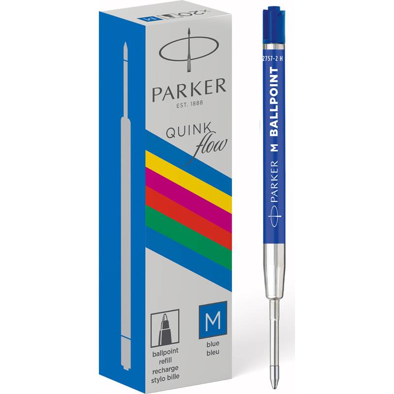 Parker Quinkflow M Kugelschreiber-Mine in Blau, gezeigt mit ihrer Verpackung in einer Schachtel mit Regenbogenstreifen und dem Parker-Logo.