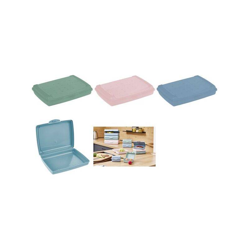 Drei Brotdosen in Pastellfarben (grün, rosa, blau) mit einer offenen blauen Box, die die inneren Rillen zeigt, und einem kleinen Bild der Boxen, die auf einem Regal gelagert werden.