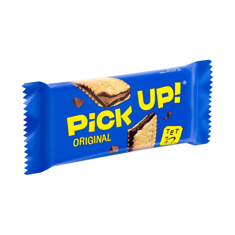 Verpackte 'PiCK UP! Original' Keks mit Schichten aus Schokolade, abgebildet auf einer blauen Verpackung mit gezeigten Keksstücken.