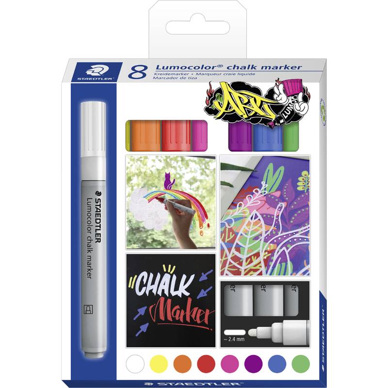 Packung mit 8 Stabilo Lumocolor Kreidemarker in assortierenden Farben, zeigend den Marker und beispielhafte Kreidekunst auf der Verpackung.
