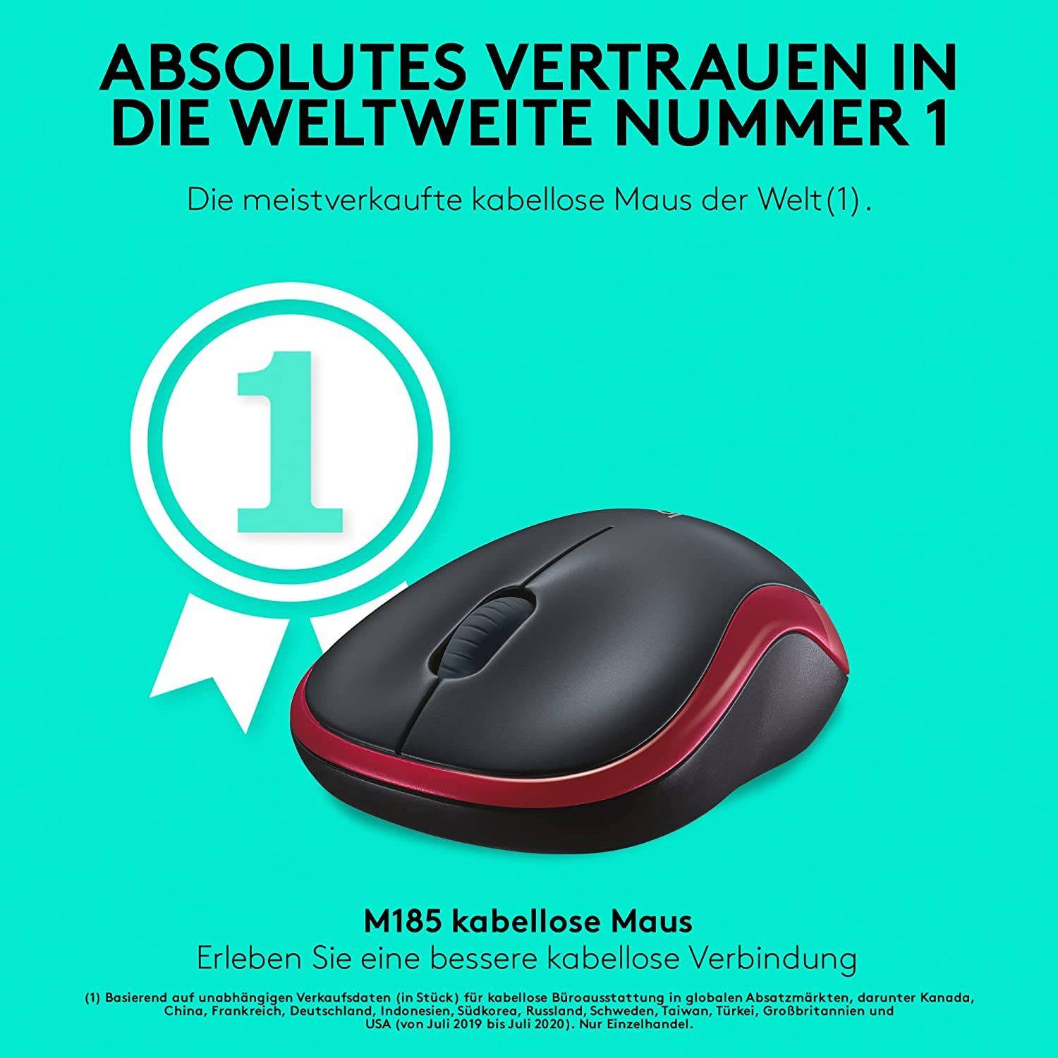 Logitech M185 Kabellose Maus, 2,4 GHz mit USB-Nano-Empfänger, 12 Monate Batterielaufzeit, 1000 DPI Optical Tracking Rot