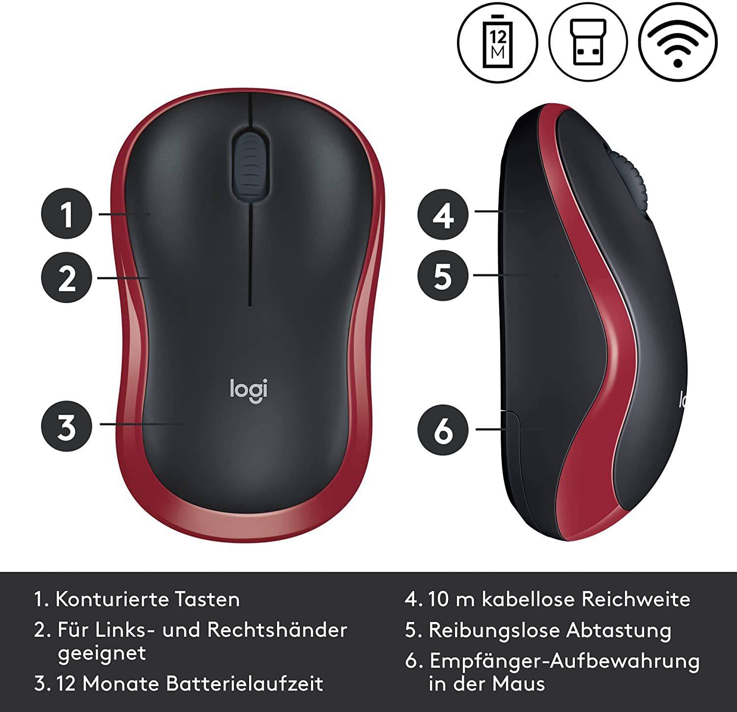 Logitech M185 Kabellose Maus, 2,4 GHz mit USB-Nano-Empfänger, 12 Monate Batterielaufzeit, 1000 DPI Optical Tracking Rot