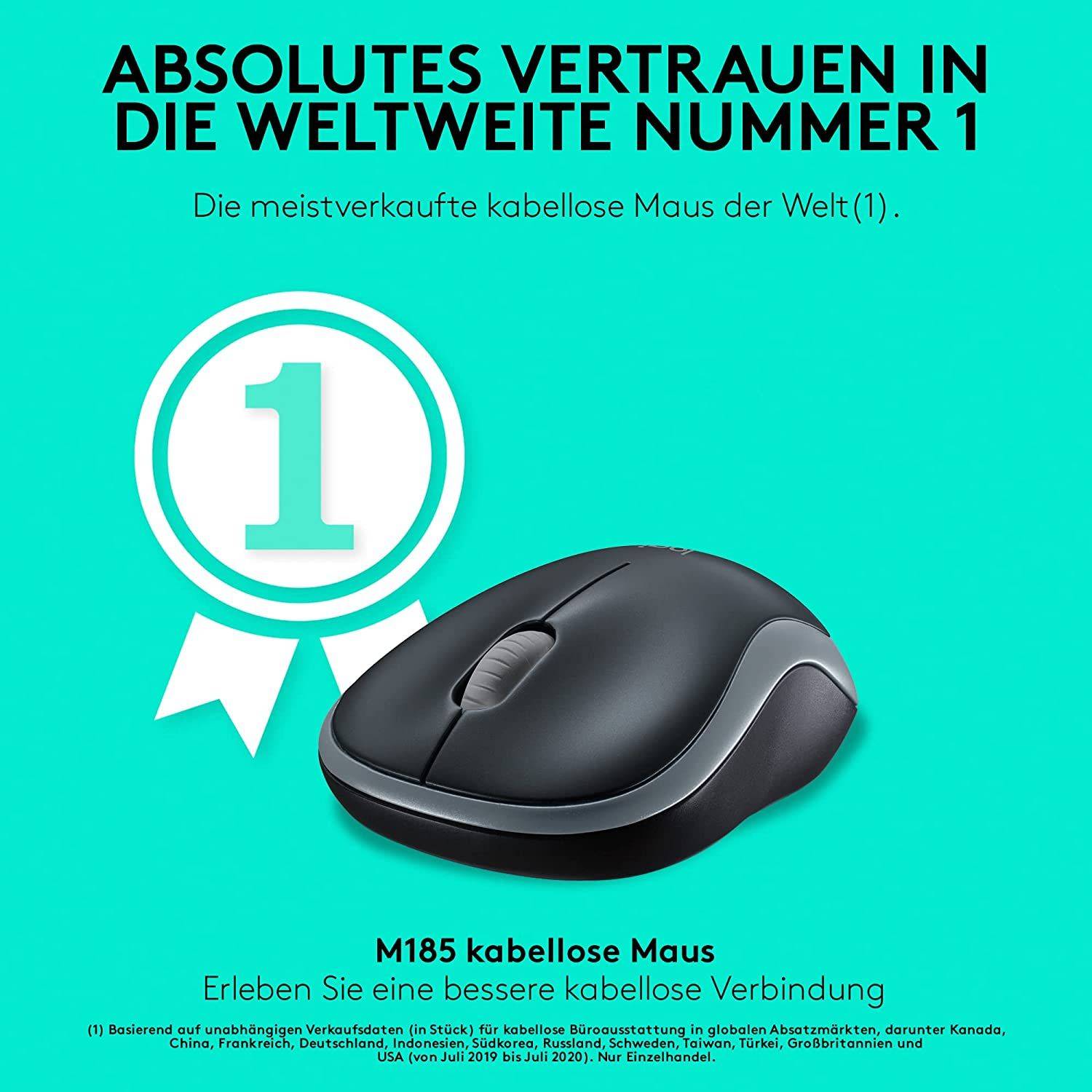 Logitech M185 Kabellose Maus, 2,4 GHz mit USB-Nano-Empfänger, 12 Monate Batterielaufzeit, 1000 DPI Optical Tracking Grau