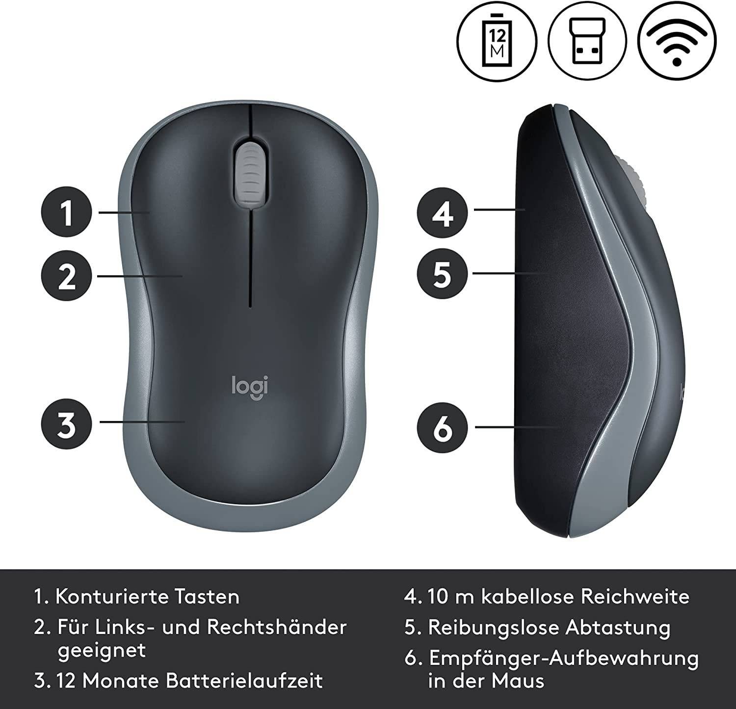 Logitech M185 Kabellose Maus, 2,4 GHz mit USB-Nano-Empfänger, 12 Monate Batterielaufzeit, 1000 DPI Optical Tracking Grau