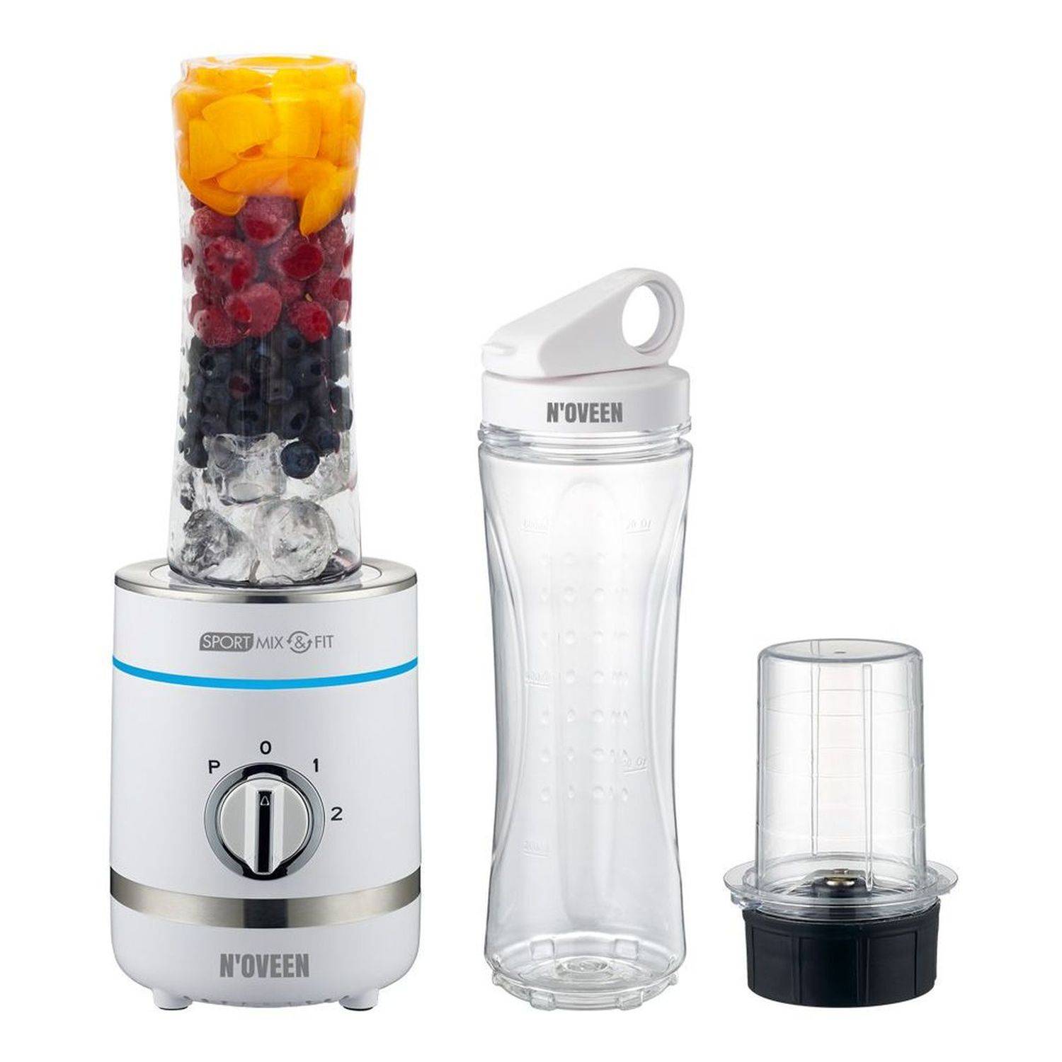 N'OVEEN Mixer Smoothie Maker, High Performance Mixer 300 W & 2 x Smoothie Flaschen 0,6 L & Mühle zum Zerkleinern