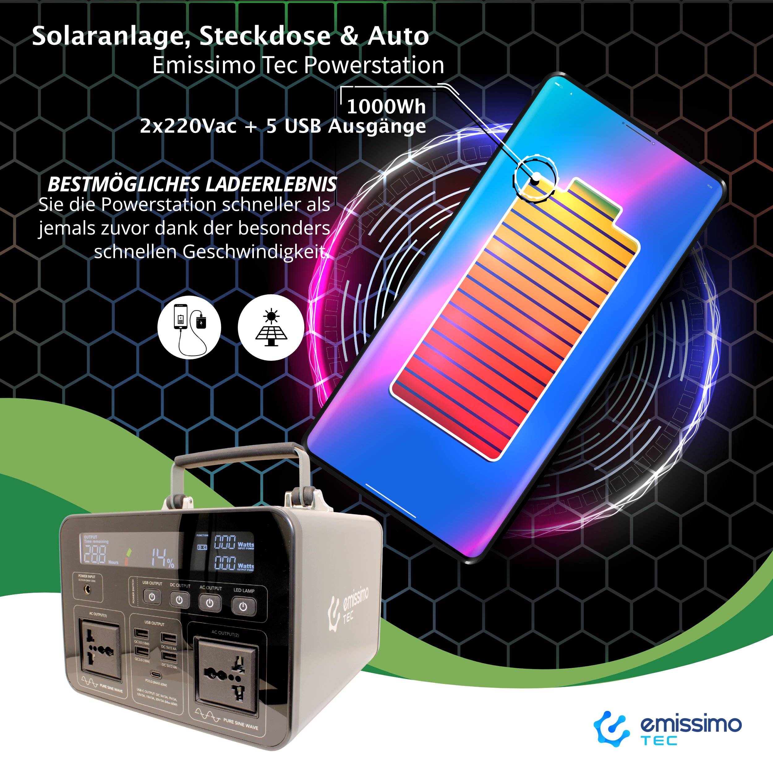 Emissimo Tec Powerstation für den Notfall:  Steckdose 500Wh - 220Vac + 5 Ausgänge