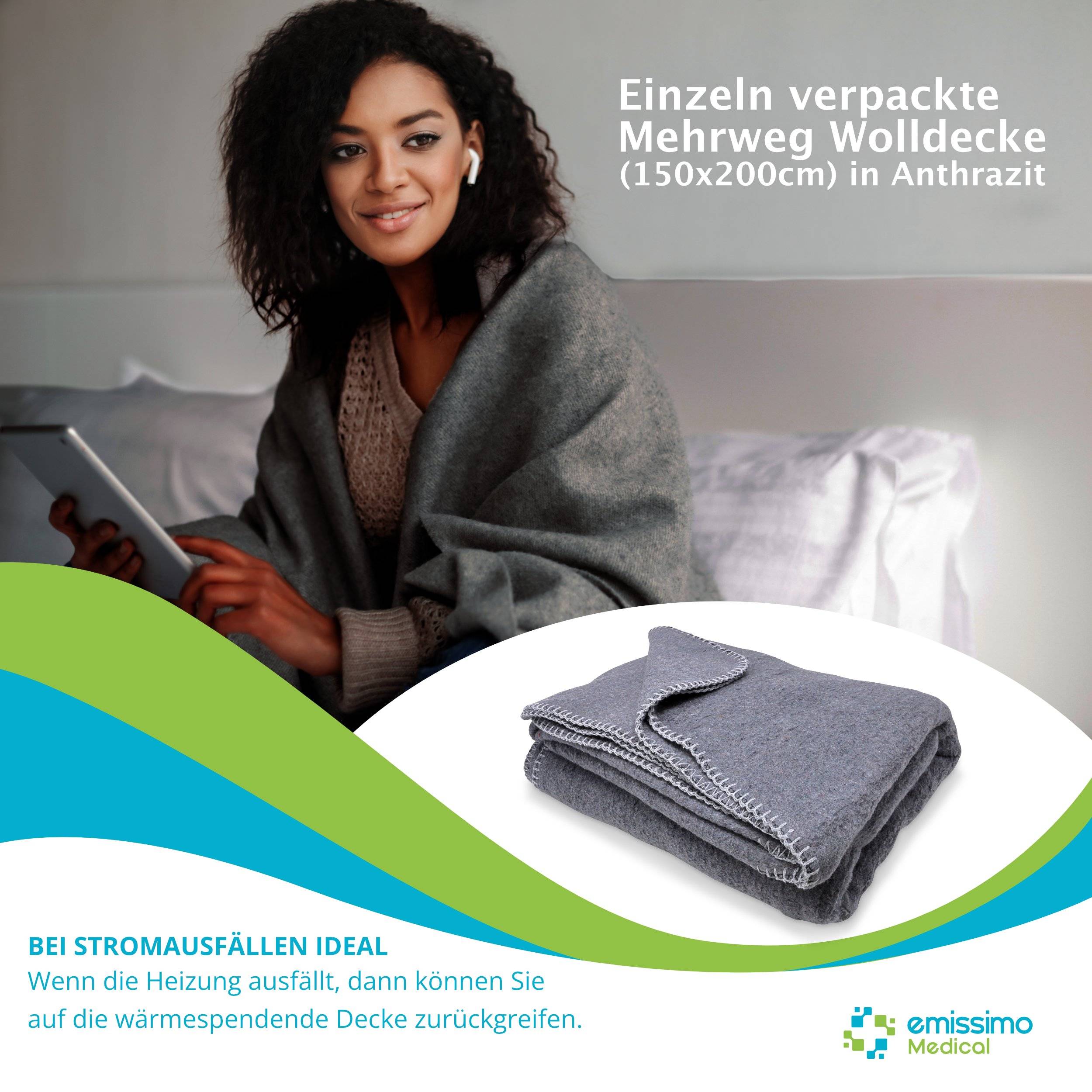 Mehrweg Wolldecke Ambulanzdecke 150x200 cm anthrazit im Polybeutel - Katastrophenschutz