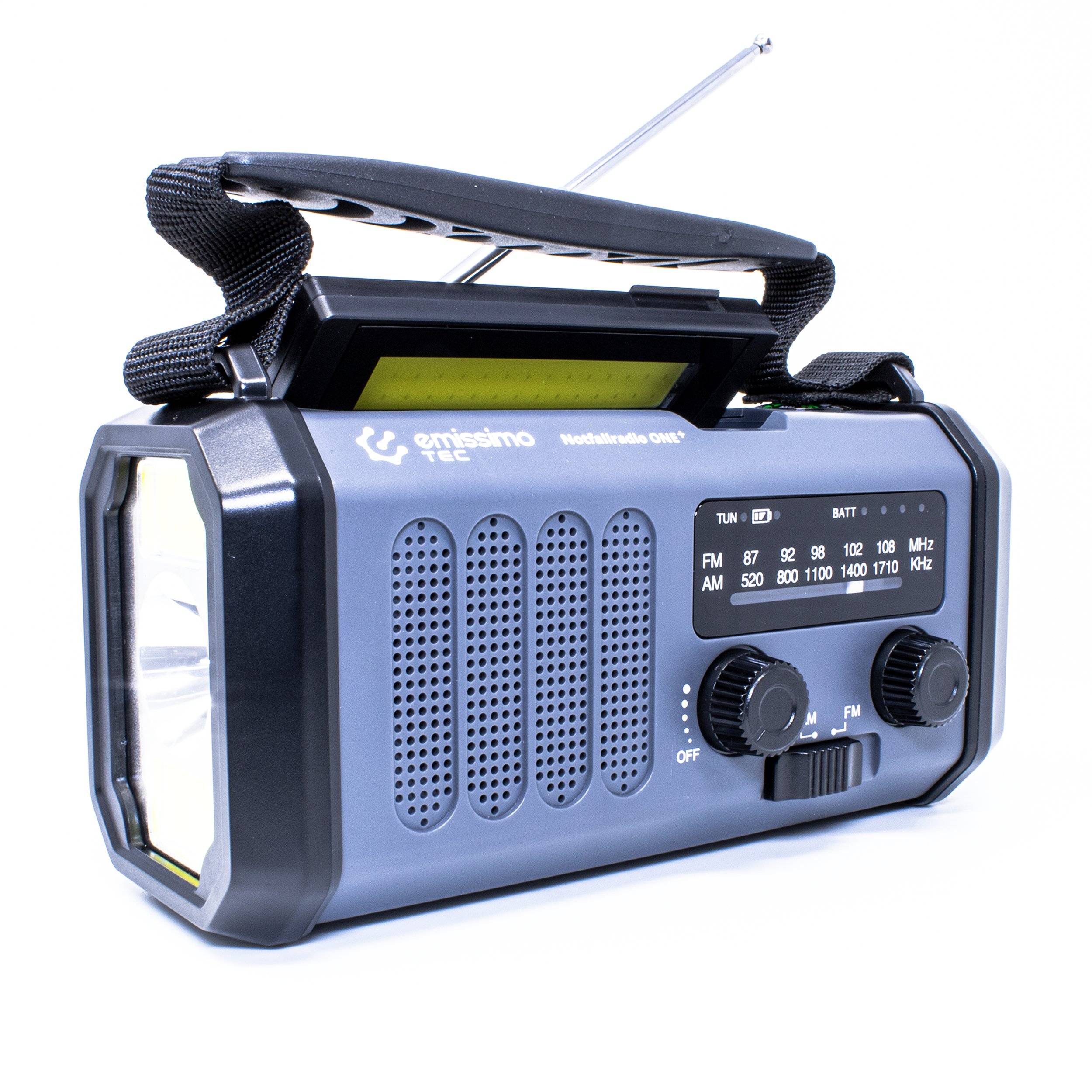 Emissimo Tec Solarradio -ONE-Plus Notfallradio Kurbelradio Powerbank Taschenlampe USB-C Grau