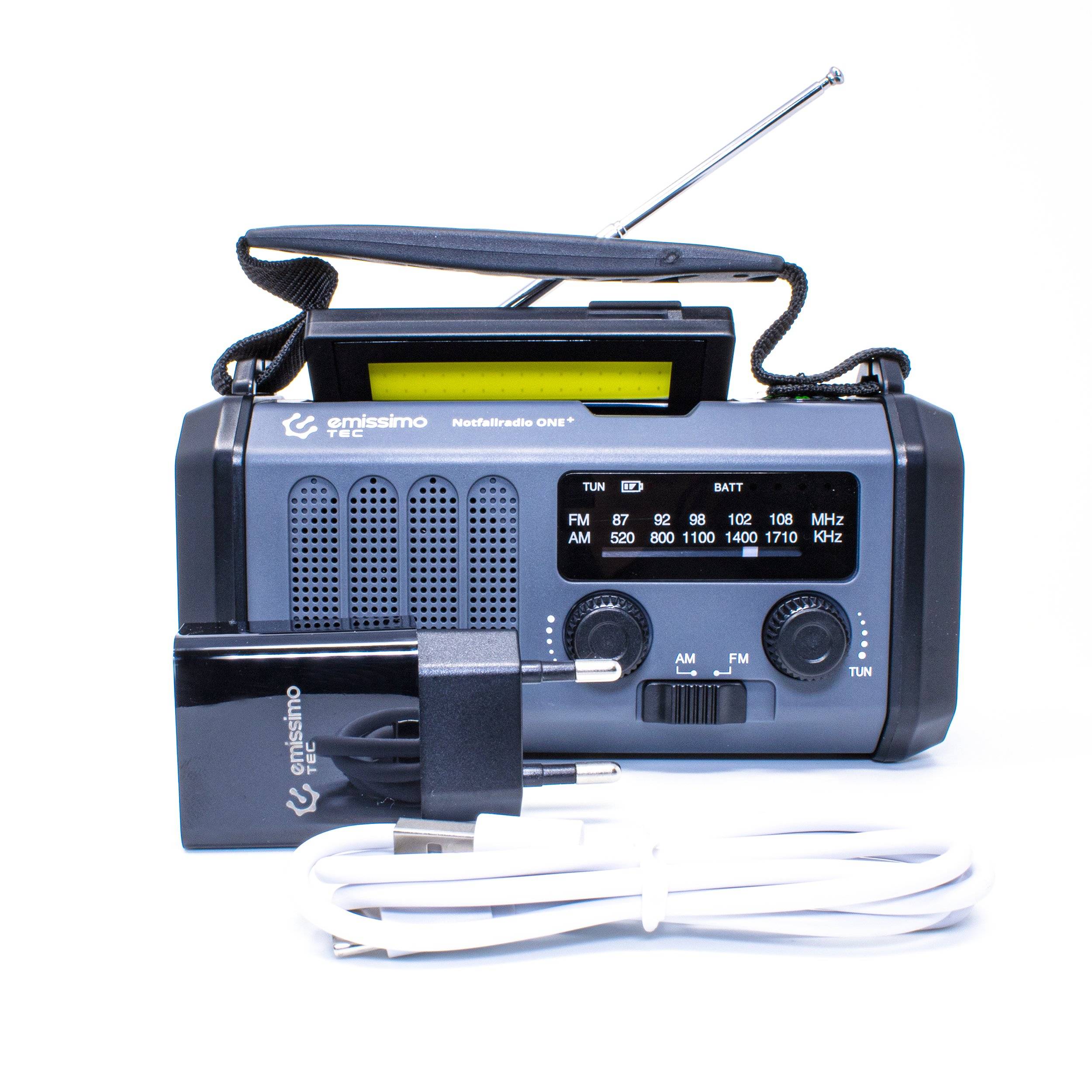 Emissimo Tec Solarradio -ONE-Plus Notfallradio Kurbelradio Powerbank Taschenlampe USB-C Grau