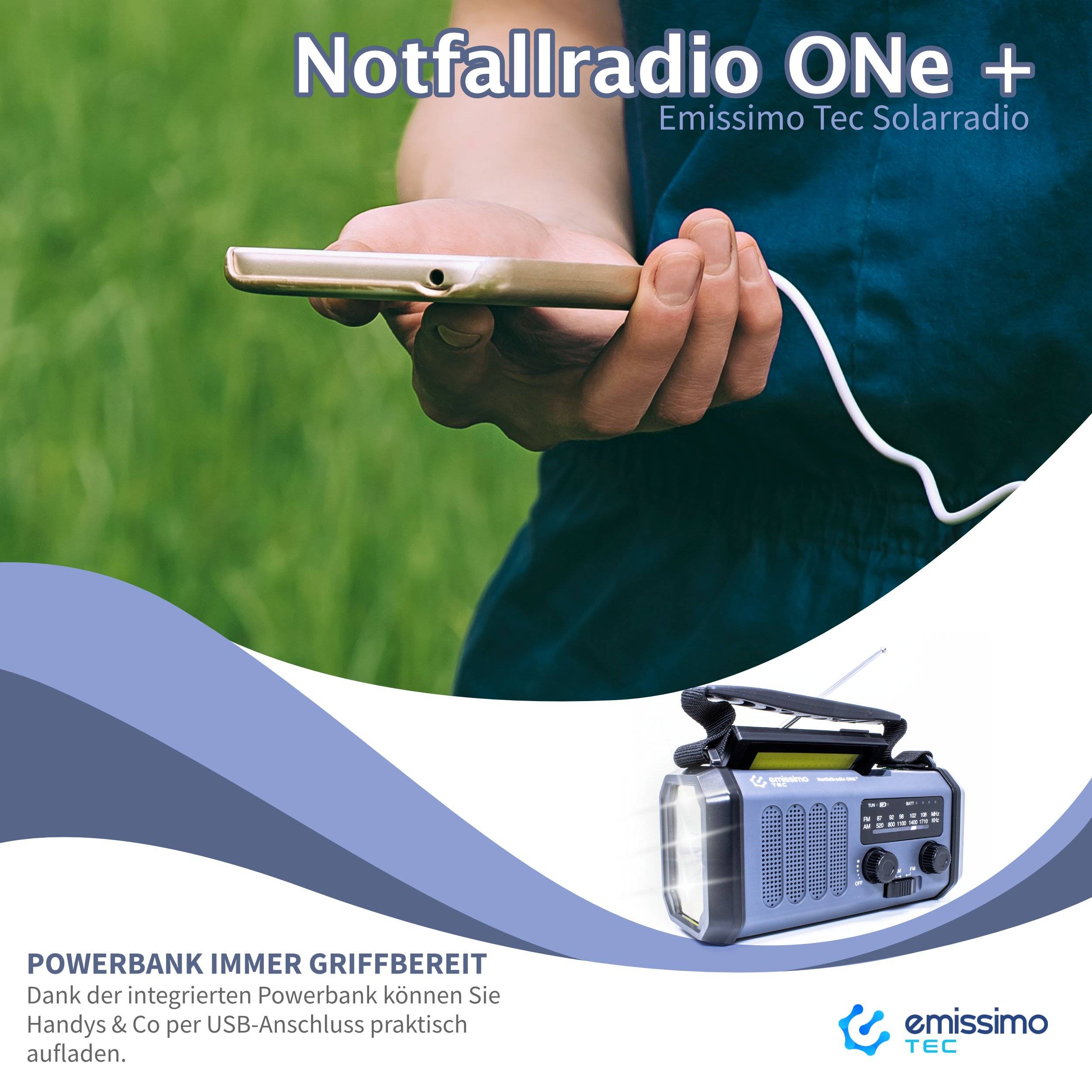 Emissimo Tec Solarradio -ONE-Plus Notfallradio Kurbelradio Powerbank Taschenlampe USB-C Grau