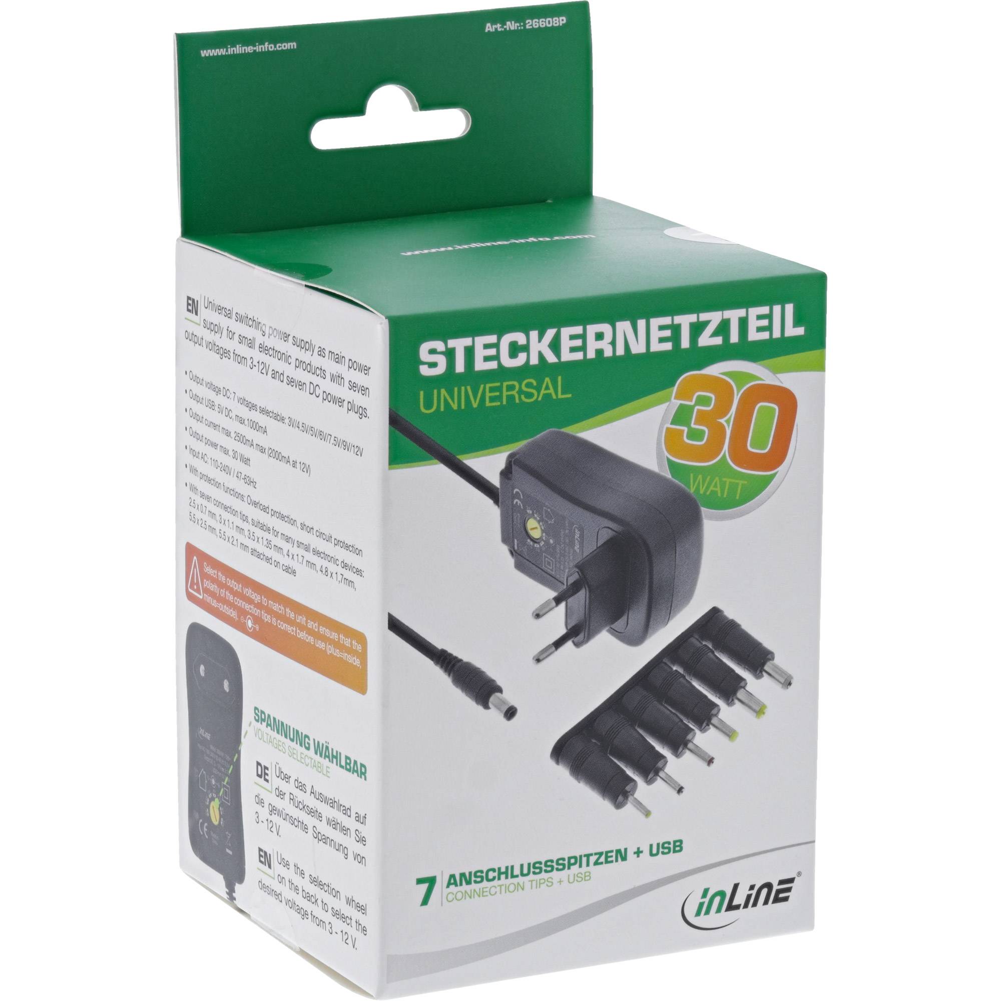 INLINE - Universal Steckernetzteil 30W mit USB - 110-240V auf 3-12V - max. 2500mA