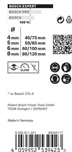 Robert Bosch Power Tools GmbH, Stuttgart, Deutschland.' Symbole zeigen Sicherheitsausrüstung: Handschuhe, Gehör- und Augenschutz. Text: 5 mm, 6 mm, 8 mm vs Bosch CYL-3 und Bohrtiefen mit einem Geschwindigkeitswarnzeichen.