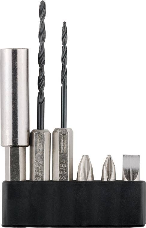 Eine Nahaufnahme eines Bohrersatzes mit verschiedenen Größen von Metallbohrern in einem schwarzen Halter, die die präzise Schärfe der Werkzeuge betonen.