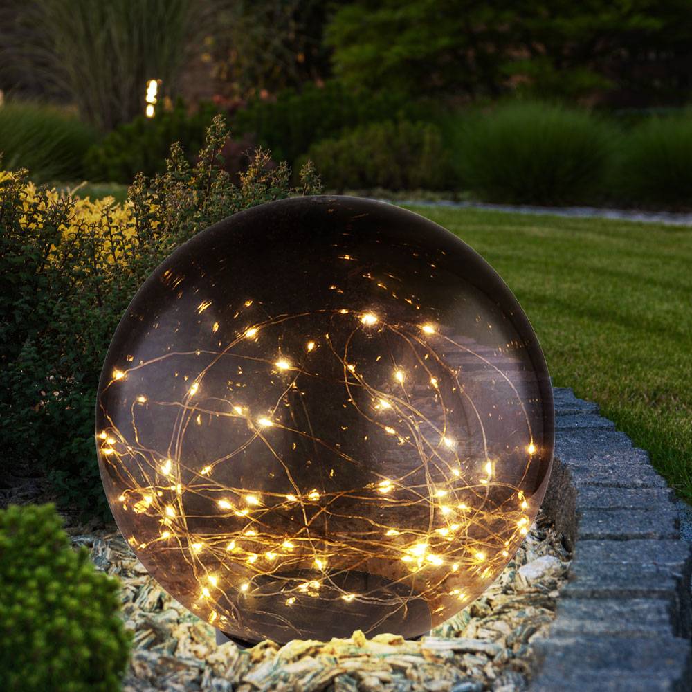 Solarleuchte Kugel rauchfarben Außenleuchte Solarkugel Außen Solarkugel, schwarz, 40x LED 0,06W warmweiß, DxH 25x36 cm