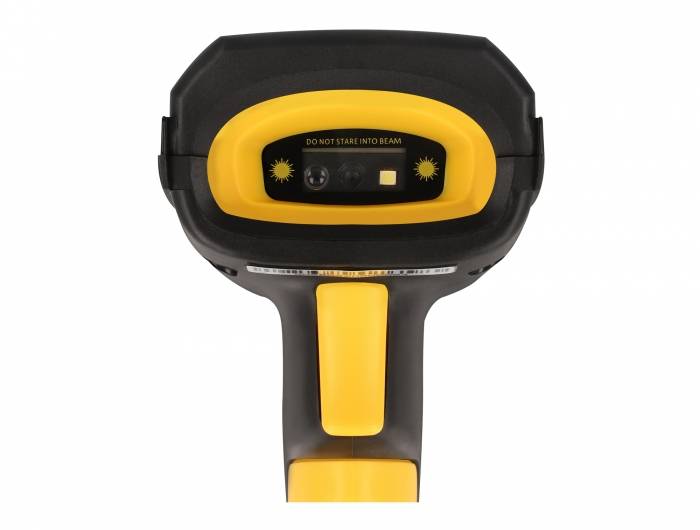 Schwarz-gelber tragbarer Barcode-Scanner mit Warnhinweis, Vorderansicht auf weißem Hintergrund dargestellt.