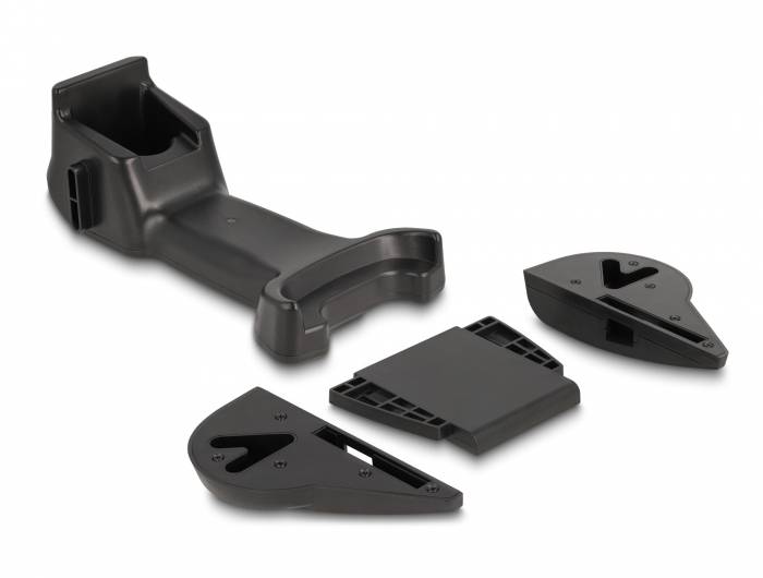 Schwarze Kunststoff-Montagehardware-Teile auf weißem Hintergrund, einschließlich einer Haupthalterung und drei abnehmbarer Komponenten.