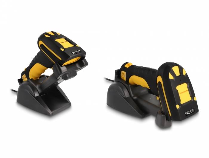 Zwei schwarze und gelbe tragbare Barcode-Scanner auf Ladestationen vor weißem Hintergrund.