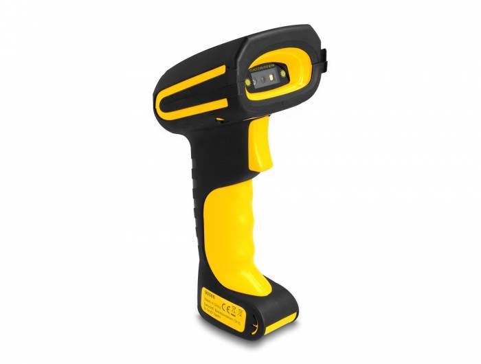 Tragbarer schwarz-gelber Barcode-Scanner auf weißem Hintergrund, in Seitenansicht dargestellt.