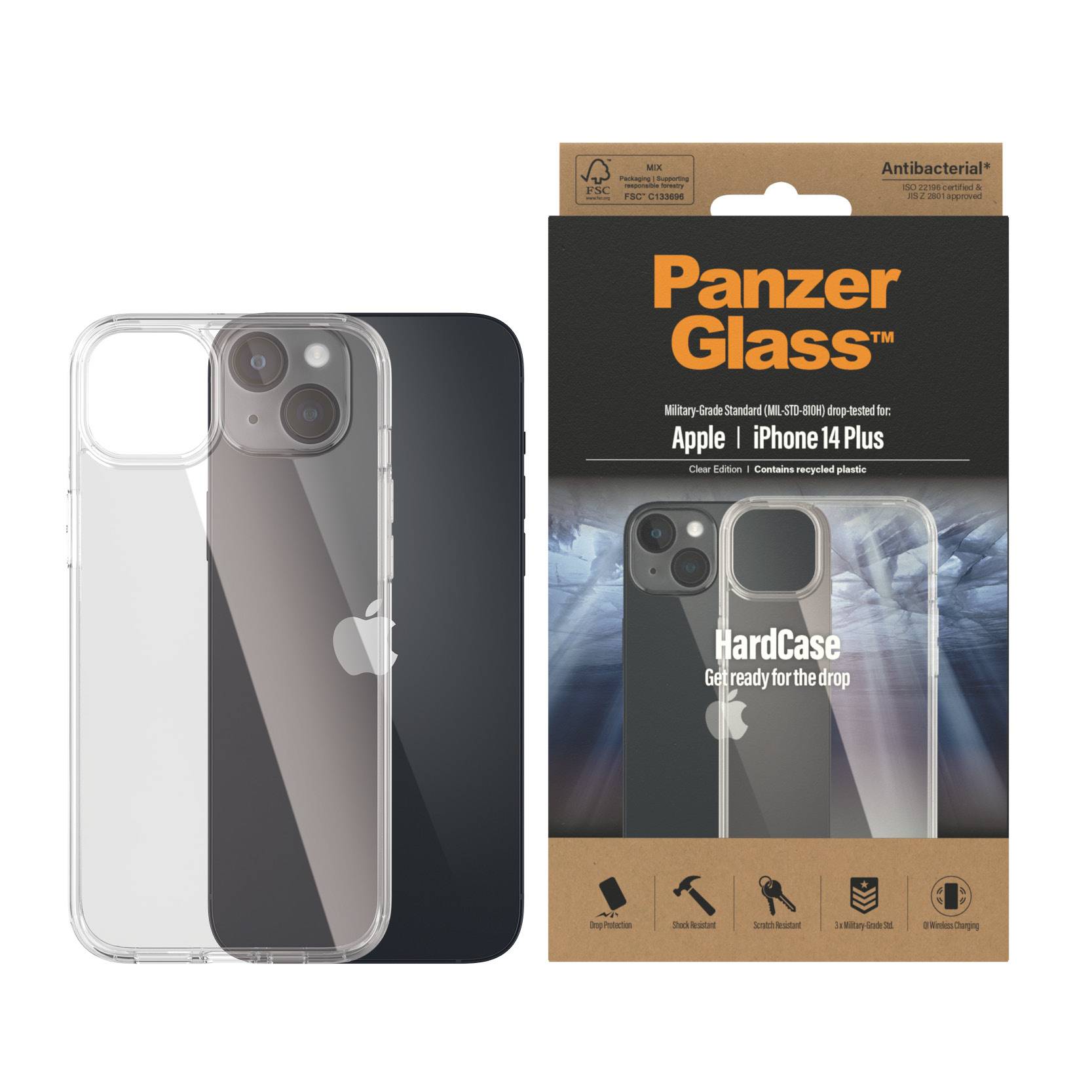 iPhone 14 Plus transparente und schwarze PanzerGlass HardCase Handyhülle in Einzelhandelverpackung, gezeigt mit der Hülle und der Vorderseite der Box.