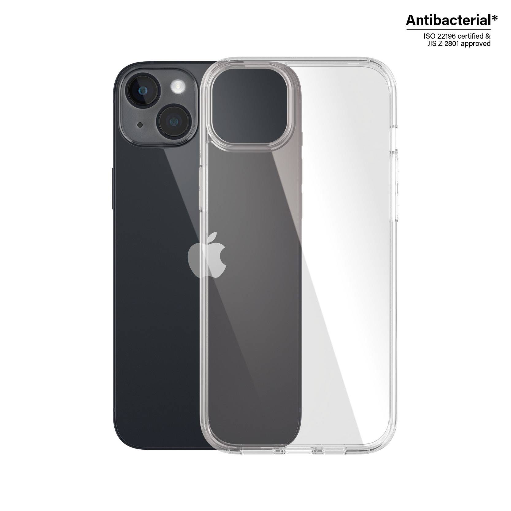 Klare antibakterielle iPhone-Schutzhülle, gezeigt über einem schwarzen iPhone, mit Text „Antibacterial*