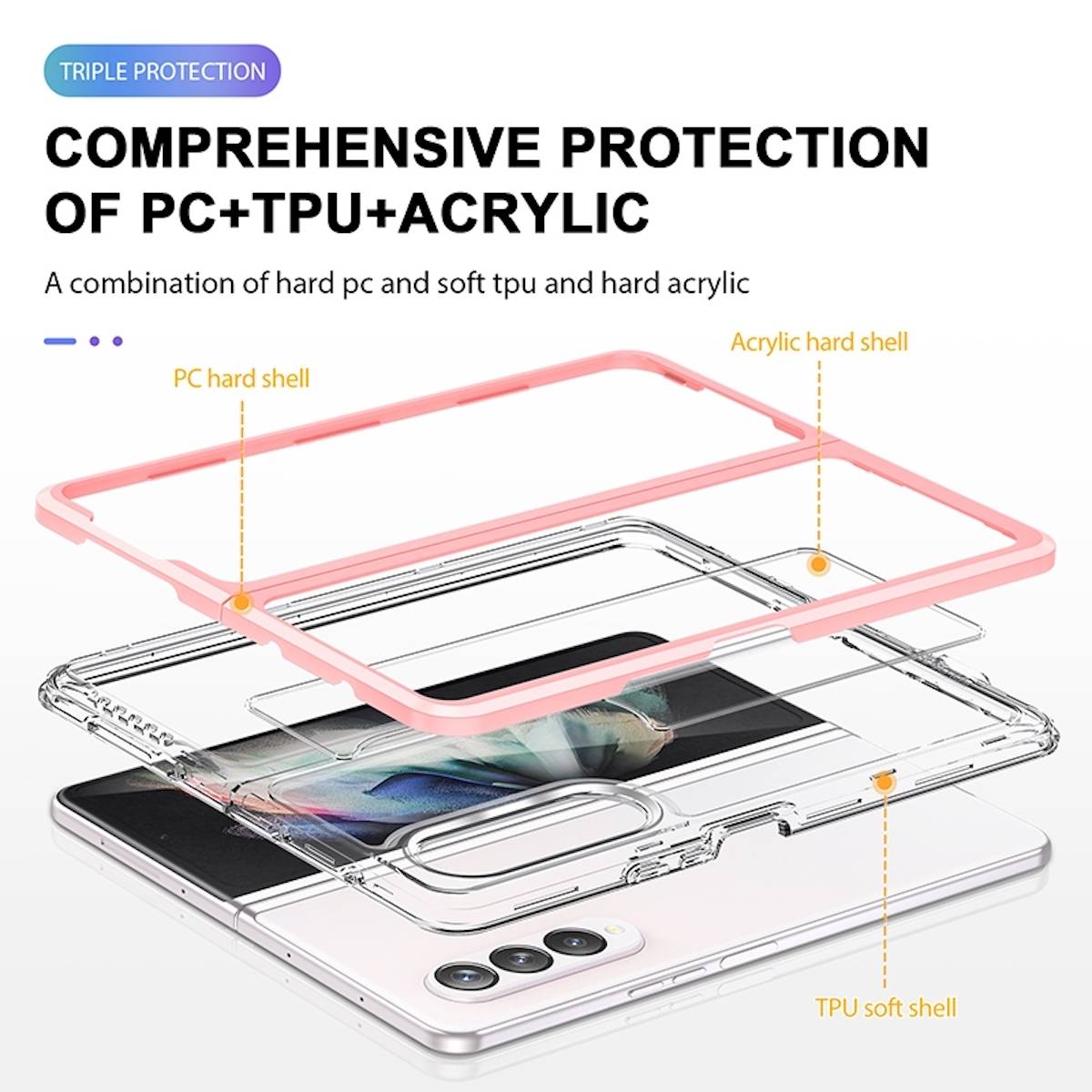 Für Samsung Galaxy Z Fold4 5G 360 Grad Schock Durchsichtig Acrylic + PC + TPU Cover Handy Tasche Hülle Etuis Rosa