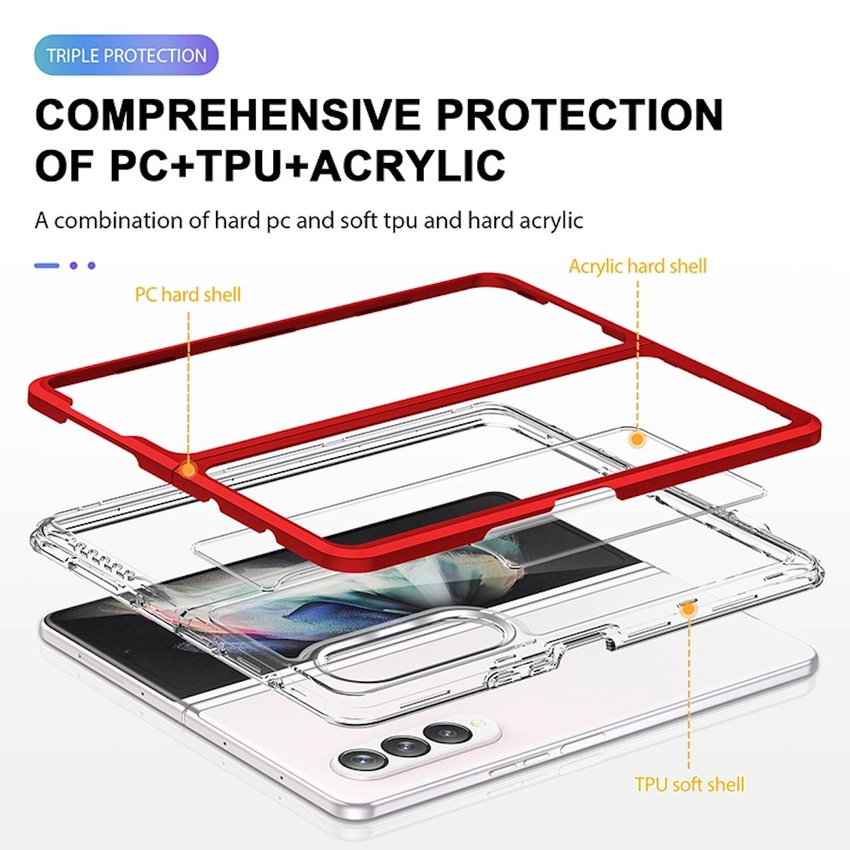Für Samsung Galaxy Z Fold4 5G 360 Grad Schock Durchsichtig Acrylic + PC + TPU Cover Handy Tasche Hülle Etuis Rot