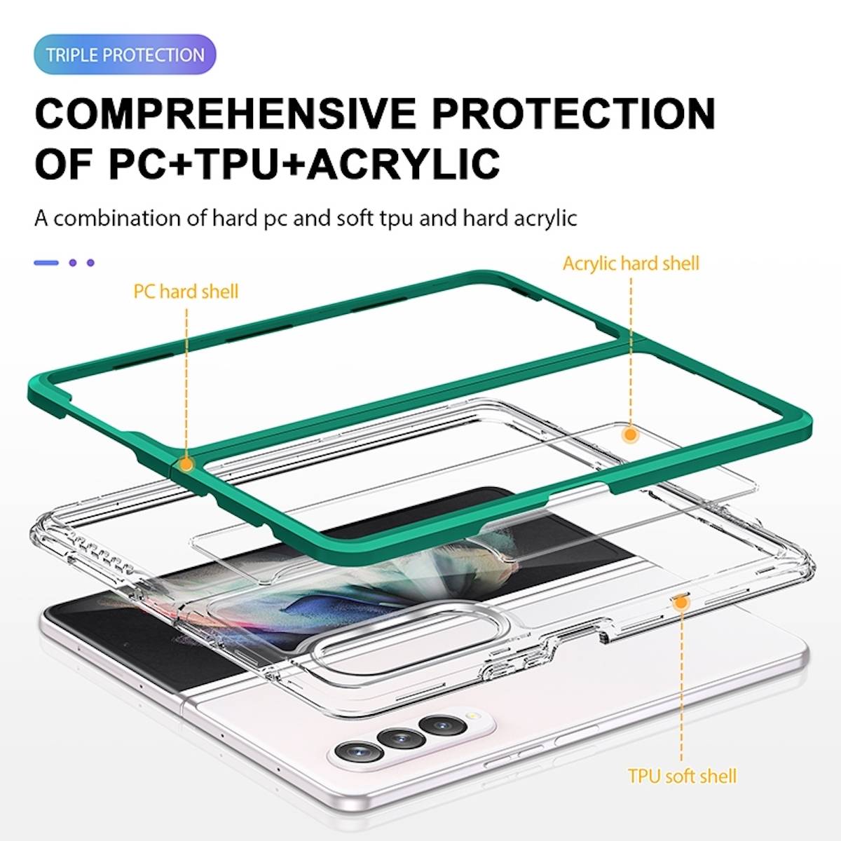 Für Samsung Galaxy Z Fold4 5G 360 Grad Schock Durchsichtig Acrylic + PC + TPU Cover Handy Tasche Hülle Etuis Grün