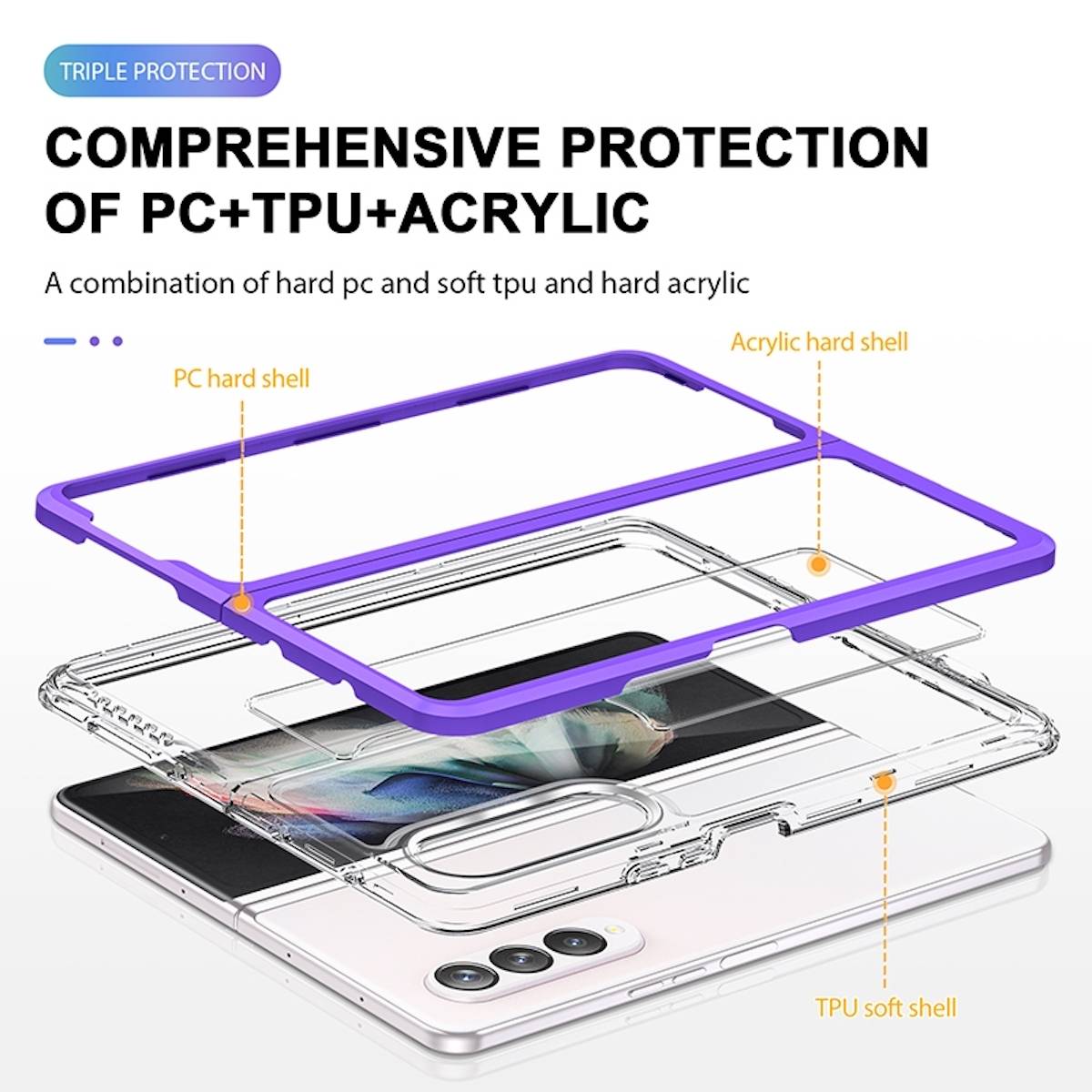 Für Samsung Galaxy Z Fold4 5G 360 Grad Schock Durchsichtig Acrylic + PC + TPU Cover Handy Tasche Hülle Etuis Lila