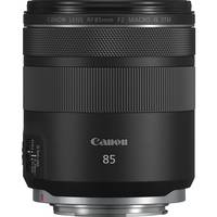 Schwarzes Canon RF 85mm F2 Makro IS STM Kameraobjektiv von vorne auf weißem Hintergrund dargestellt.