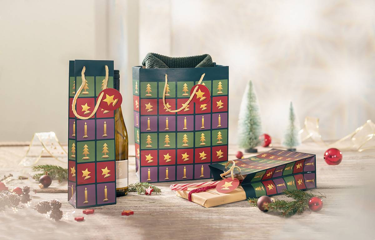 SIGEL Geschenktasche groß -grün, rot, violett -mit Bodeneinlage, Geschenkanhänger, farblich abgestimmten Tragekordeln