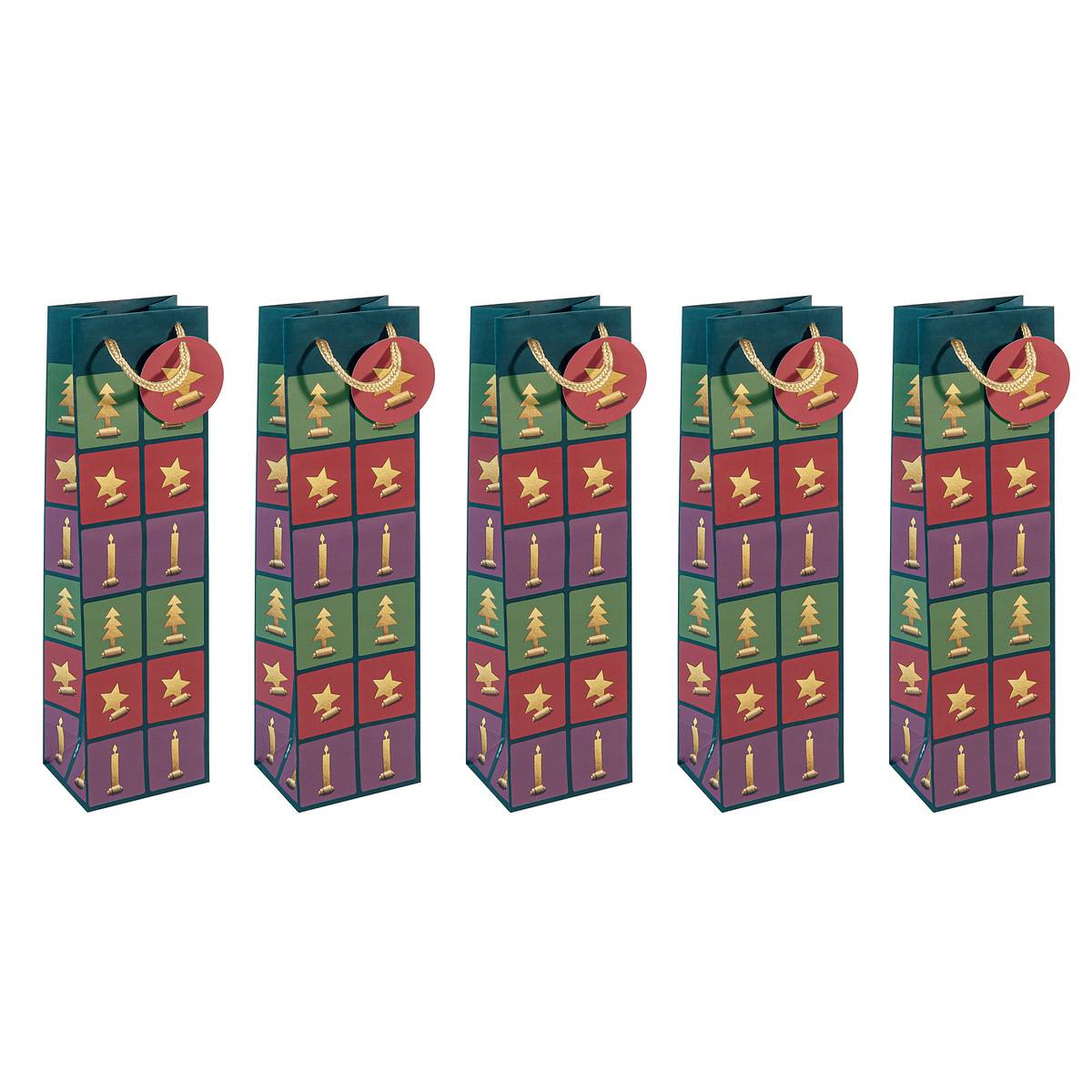 SIGEL Geschenktasche Flasche -grün, rot, violett -mit Bodeneinlage, Geschenkanhänger, farblich abgestimmten Tragekordeln