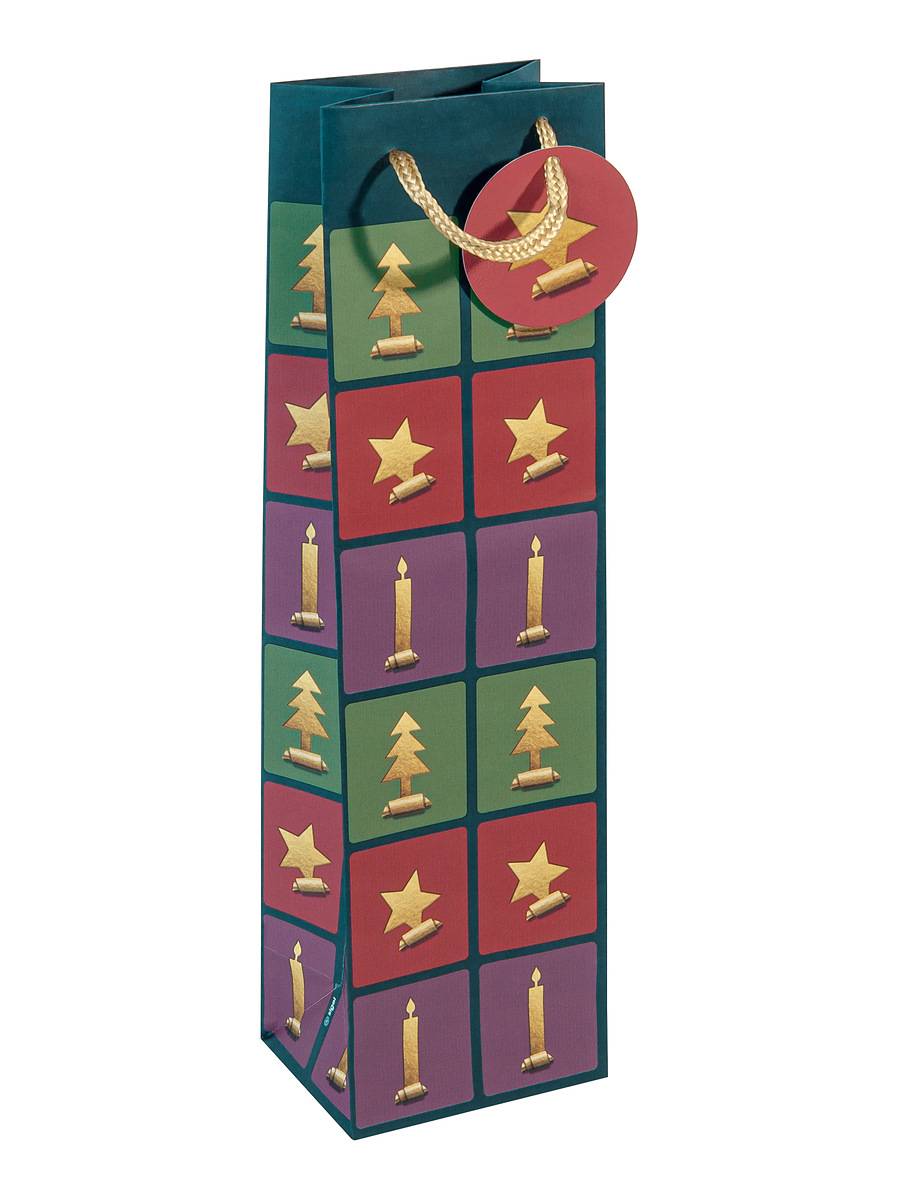 SIGEL Geschenktasche Flasche -grün, rot, violett -mit Bodeneinlage, Geschenkanhänger, farblich abgestimmten Tragekordeln