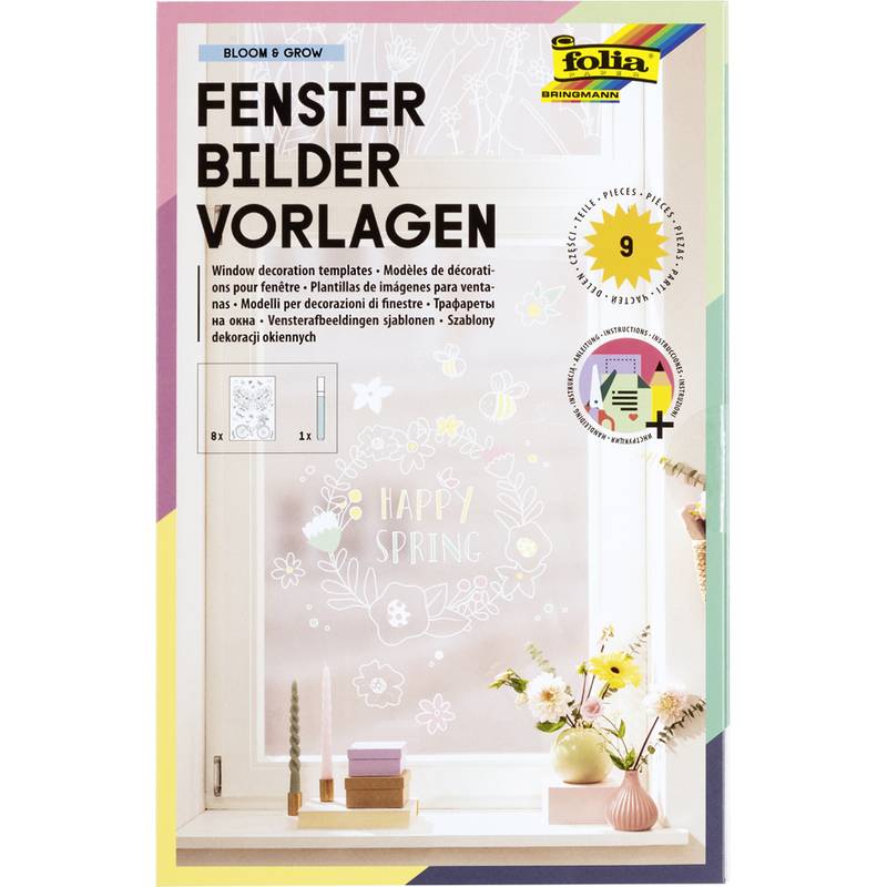 Das Bild zeigt Verpackung für 'Fenster Bilder Vorlagen' Fensterdekoration-Schablonen mit 'Happy Spring' Designs und floralen Illustrationen.