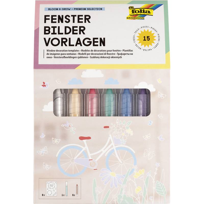 Das Bild zeigt eine Packung mit Fensterdekoration-Vorlagen zusammen mit sechs bunten Markern. Die Verpackung enthält ein Fahrradbild mit floralen Designs.