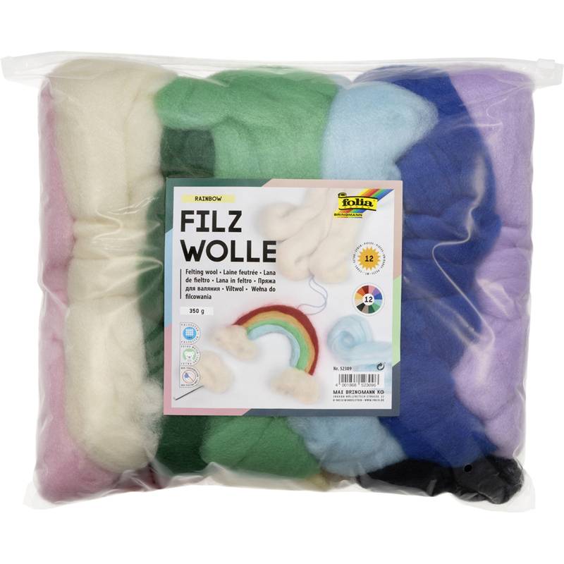 Paket aus mehrfarbiger Filzwolle mit der Bezeichnung „FILZ WOLLE