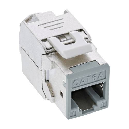 Metallische CAT6A-Keystone-Buchse mit weißer Verriegelung, konzipiert für Ethernet-Verbindungen, dargestellt aus Front- und Seitenansicht.