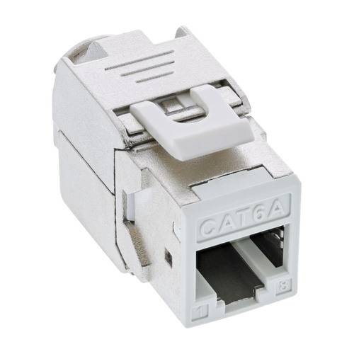 Ein CAT6A-Keystoneverbinder in Silber und Weiß, verwendet für hochgeschwindigkeits-Ethernet-Verbindungen, mit zwei beschrifteten Anschlüssen: 