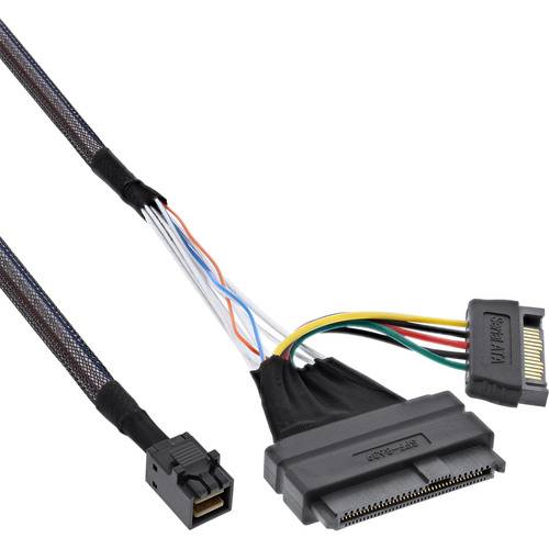 Ein SATA-Stromversorgungs- und Datenkabel mit Steckern an beiden Enden, das zum Verbinden einer Festplatte mit dem Motherboard eines Computers konzipiert ist.