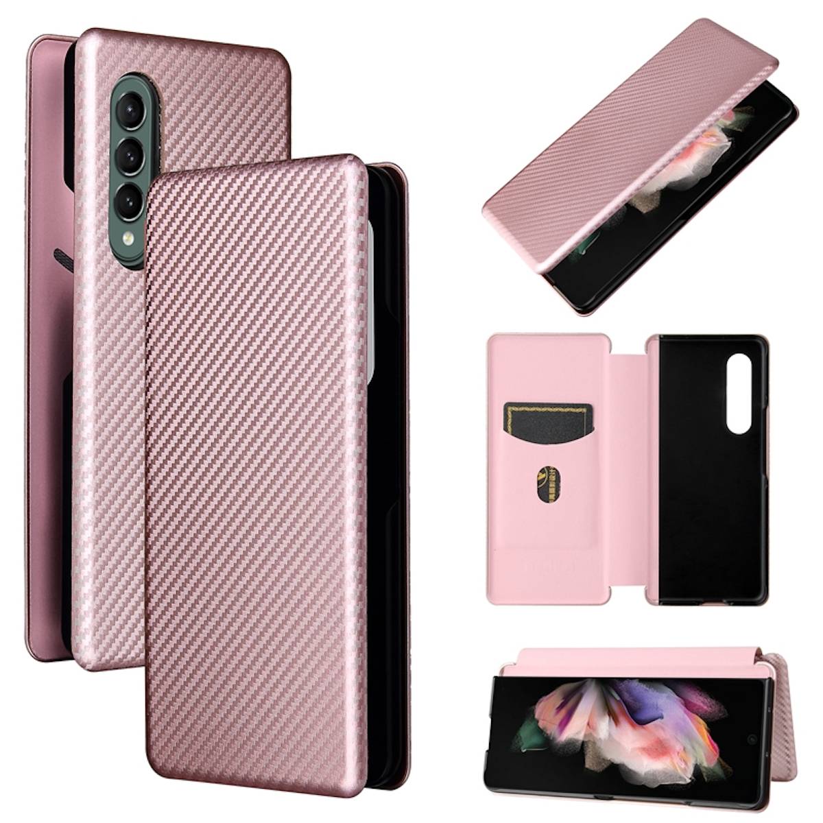 Für Samsung Galaxy Z Fold4 5G Carbon Kunstleder Handy Tasche Hülle Etuis Pink