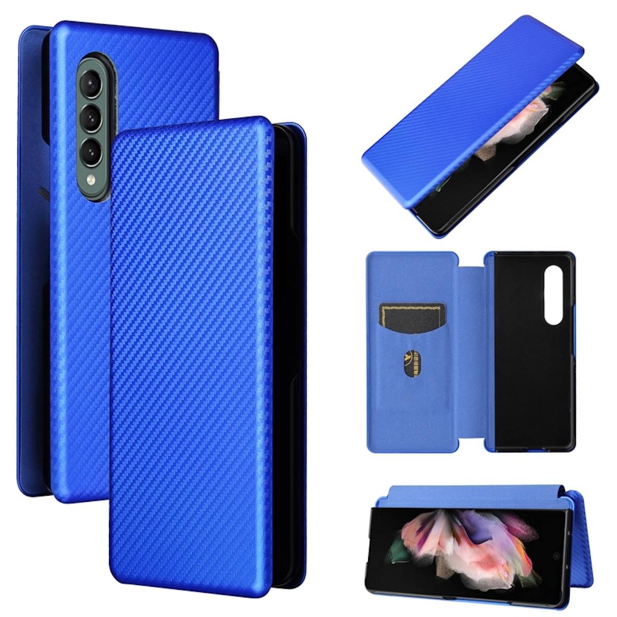 Für Samsung Galaxy Z Fold4 5G Carbon Kunstleder Handy Tasche Hülle Etuis Blau
