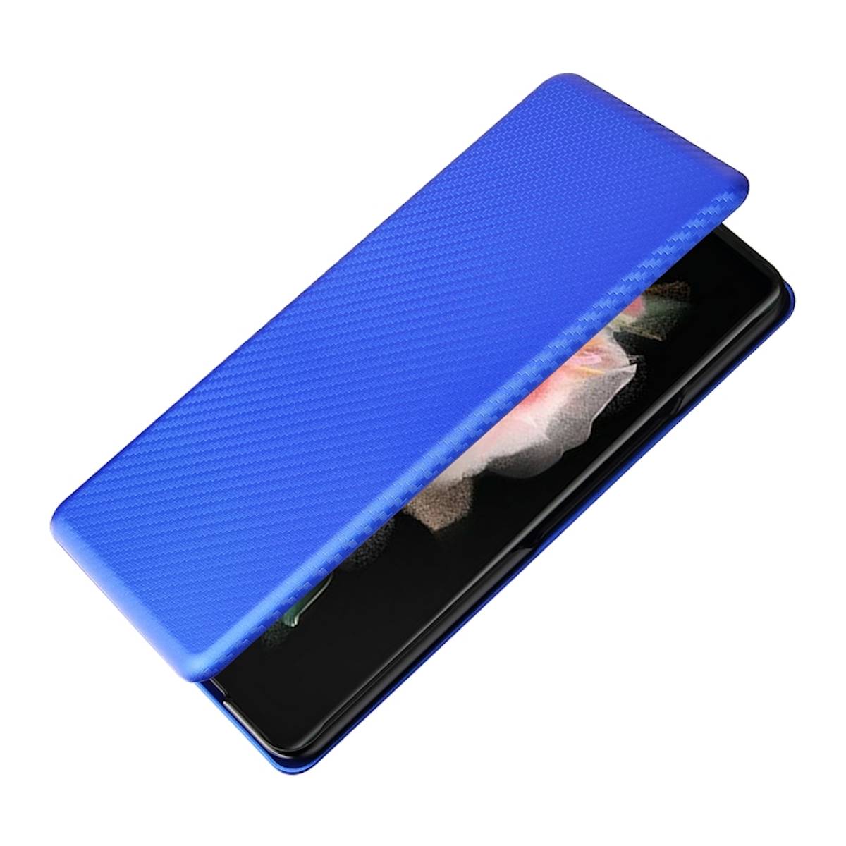 Für Samsung Galaxy Z Fold4 5G Carbon Kunstleder Handy Tasche Hülle Etuis Blau