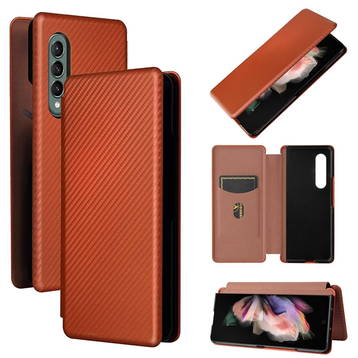 Für Samsung Galaxy Z Fold4 5G Carbon Kunstleder Handy Tasche Hülle Etuis Braun